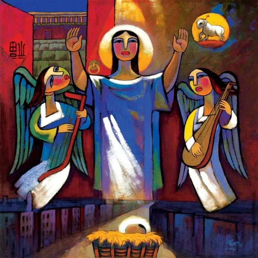 Artwork showing angels appearing before the infant Jesus